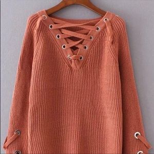 Lace-up V-neck Orange Sweater